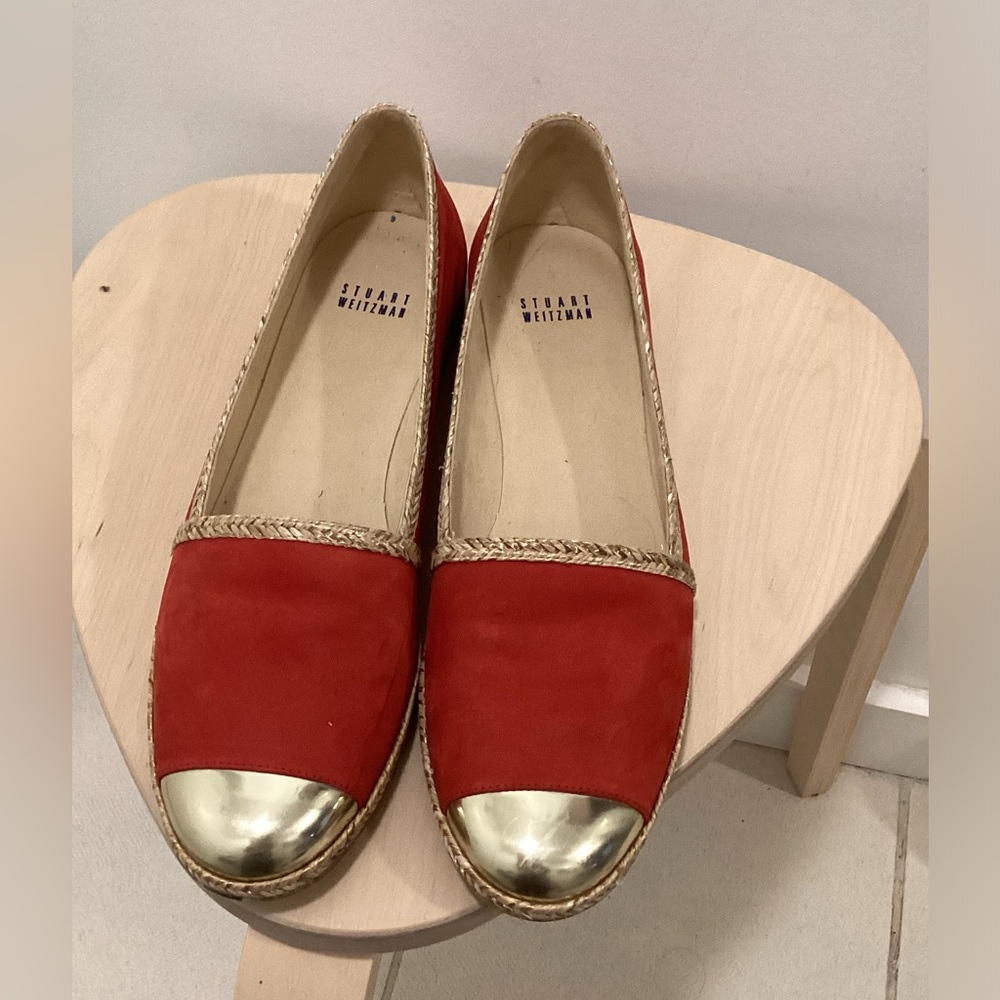 Stuart Weitzman Red Suede Metallic Cap Toe Slip-ons Flat Loafers Shoes. Size 11